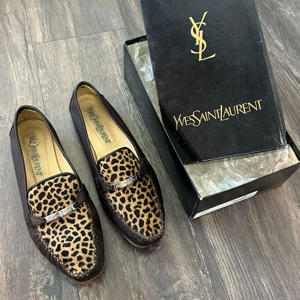 Vintage Yves Saint Laurent Anita Loafers Leopard Haircalf OG Box Women's 10 YSL